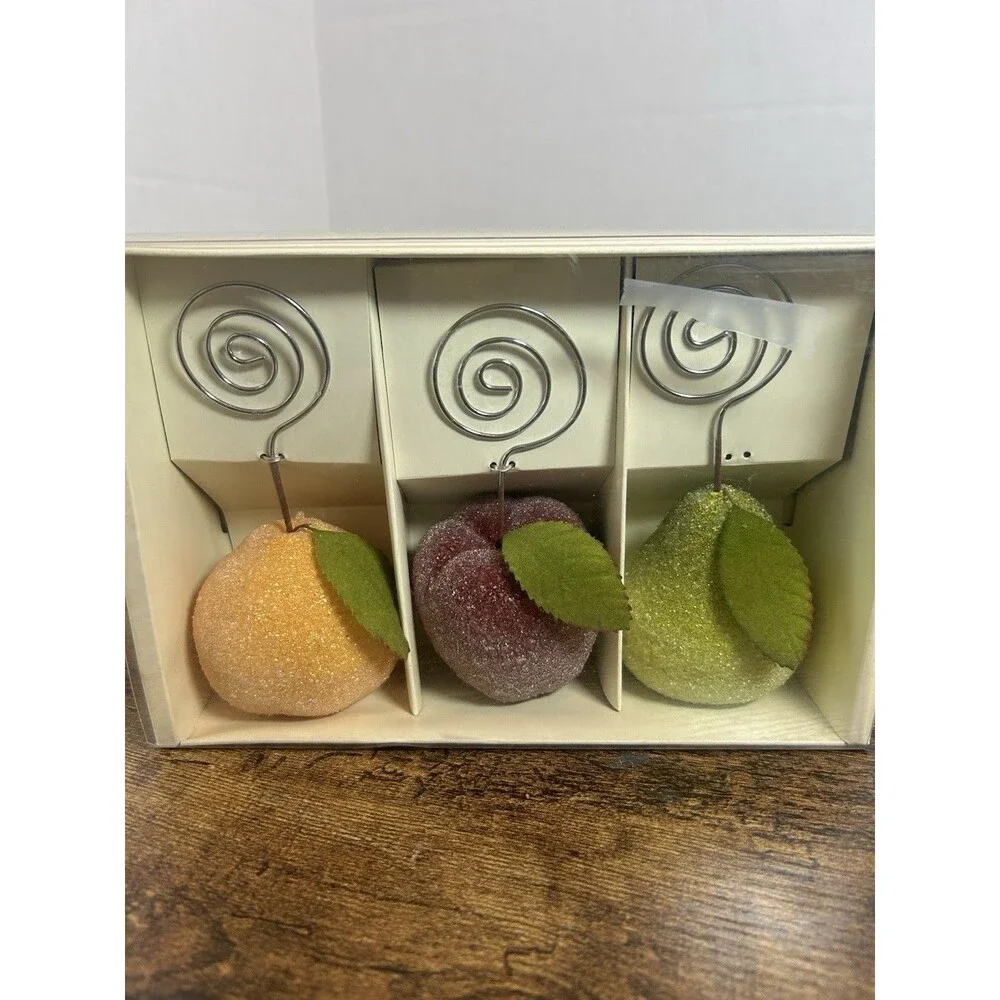 Pier 1 Sugared Fruit Photo Dining Place Card Holders Apple Pear Peach Set of 6